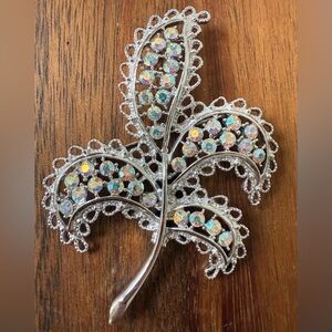 VTG Emmons Silver Tone Leaf Brooch with Iridescent AB Rhinestones Pin Large